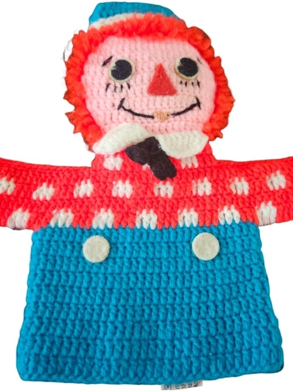 vintage DAKIN 1970s Raggedy Andy hand puppet featuring colorful crochet work